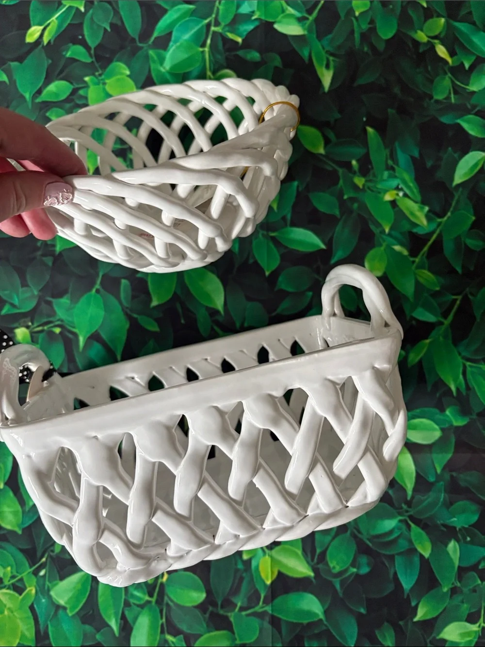 2 White Woven Ceramic Baskets
